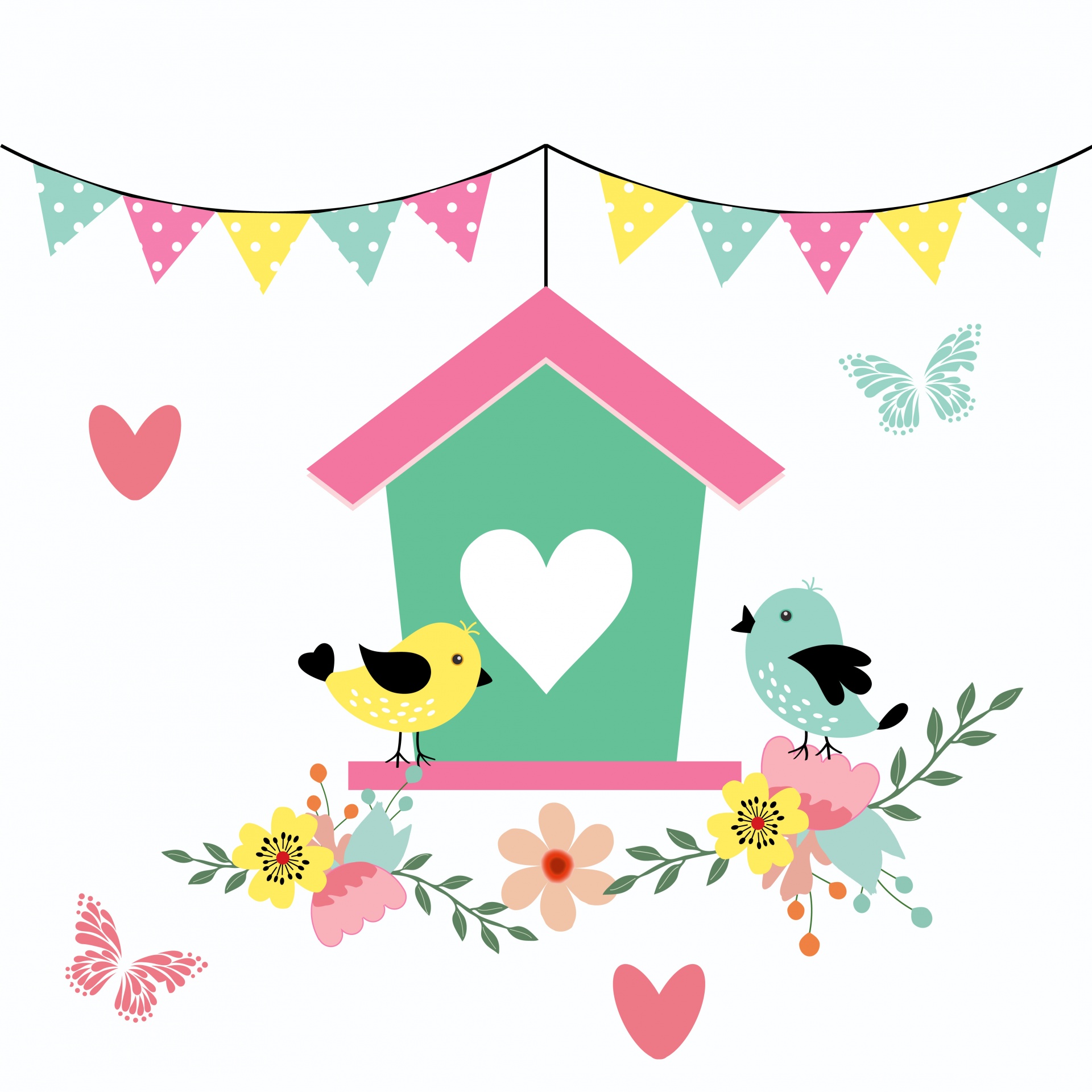Bird Floral Birdhouse Illustration