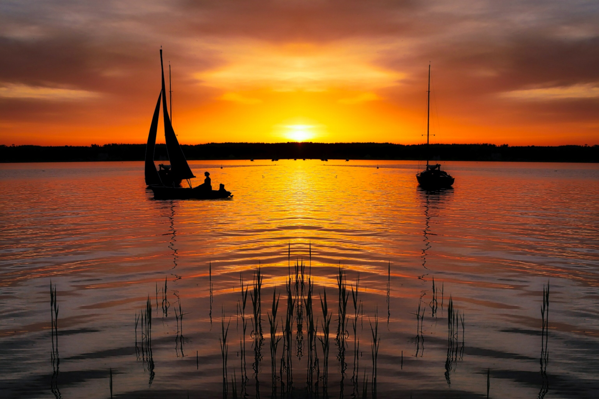 Båt, sjö, solnedgång, abendstimmung,
