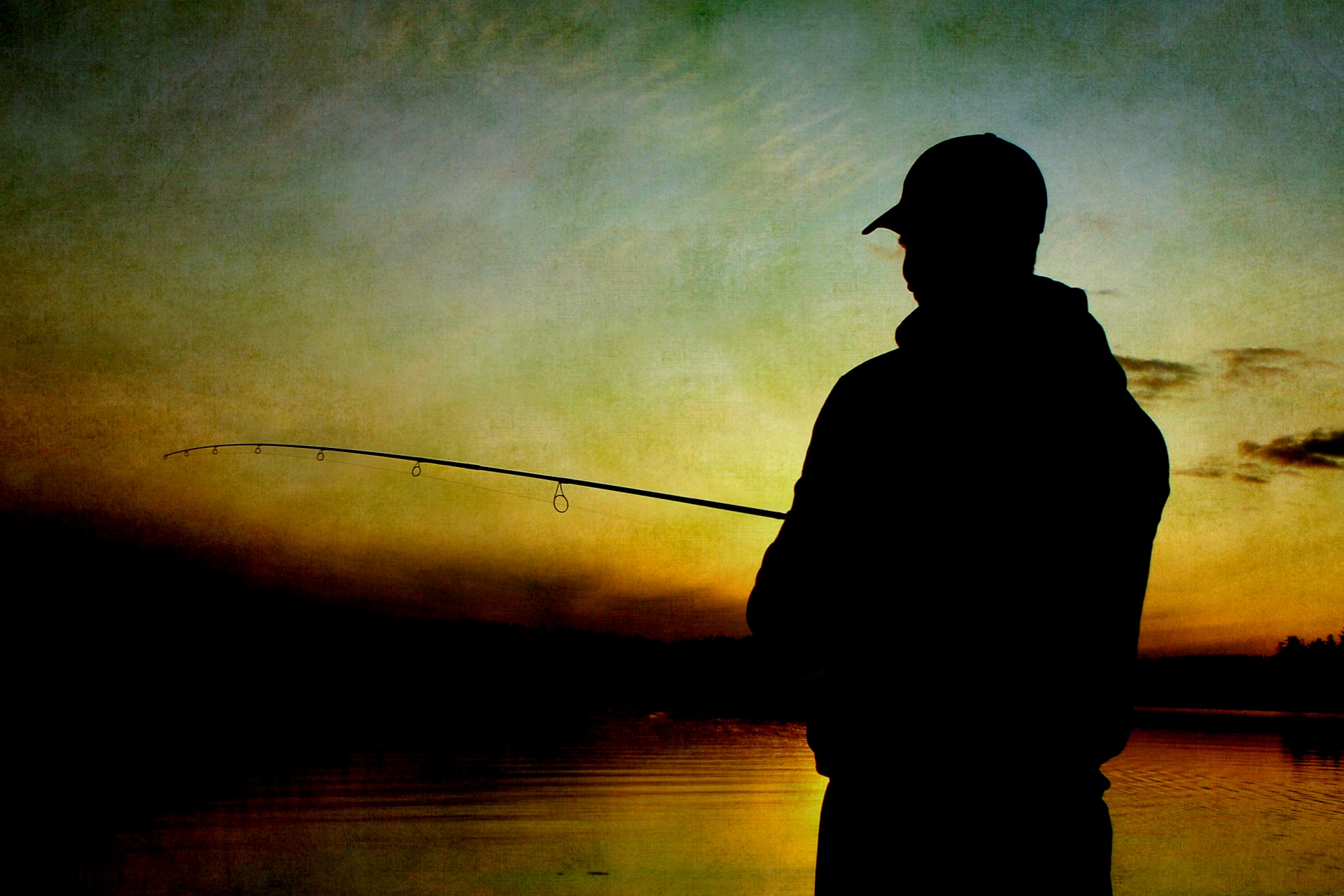 Man Fishing Sunset Vintage