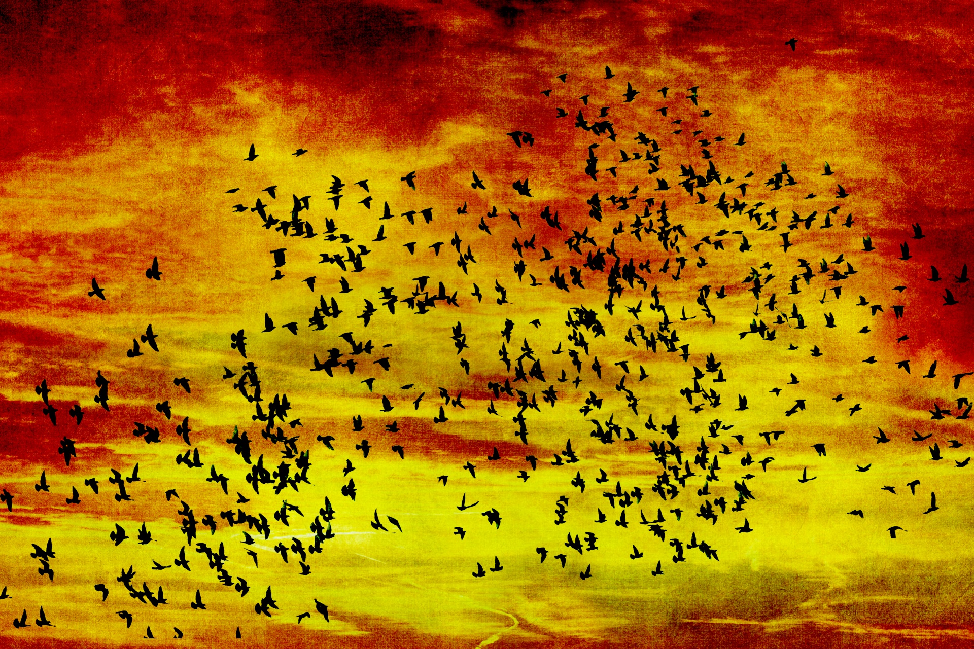 Zonsondergang vogels Vintage schilderij
