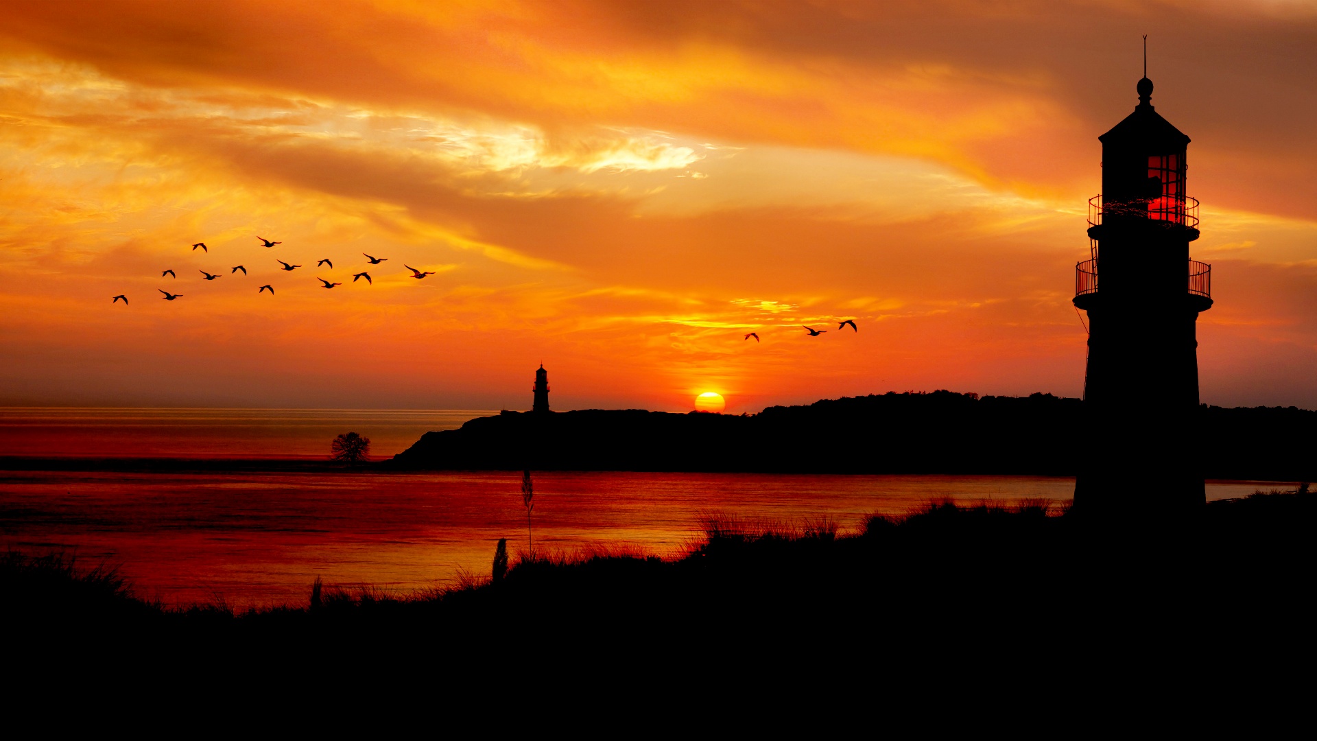 Sunset Ocean Lighthouse Silhouette