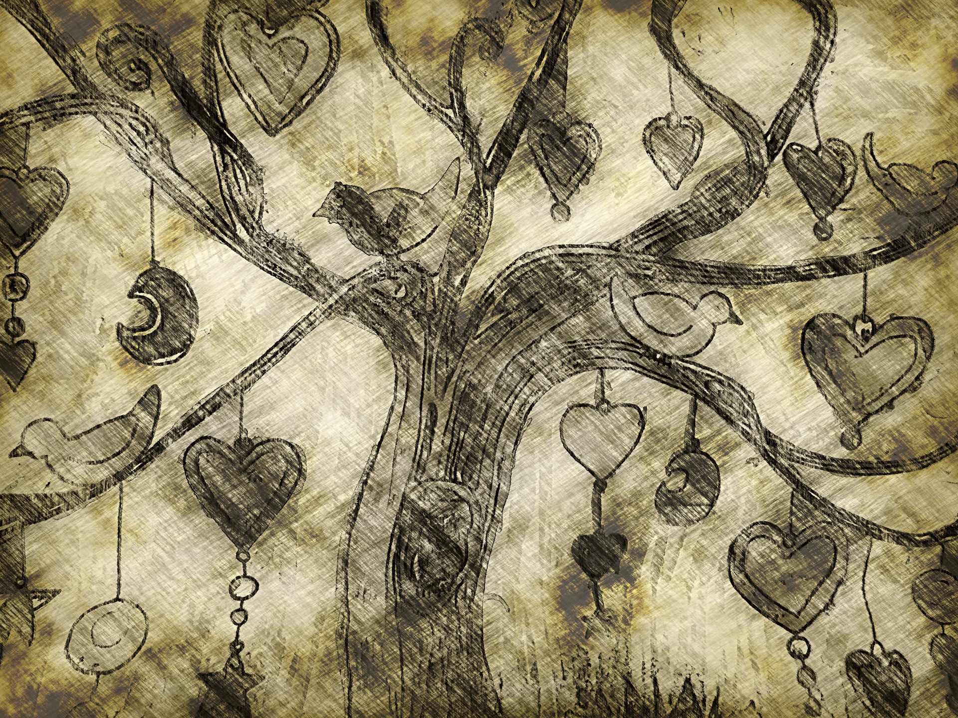 Tree, Birds And Hearts