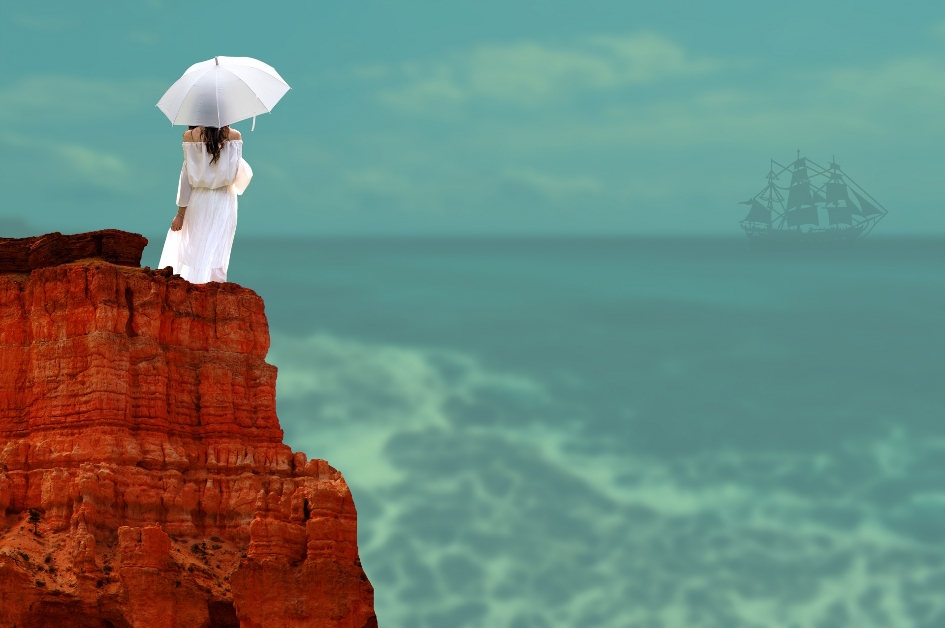 Woman Umbrella Rock Ocean