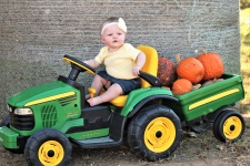 Bébé sur un tracteur avec des citrouille
