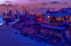 Olajfestmény este kikötő