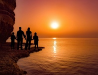 Solnedgång, familj, hav, skymning, sol