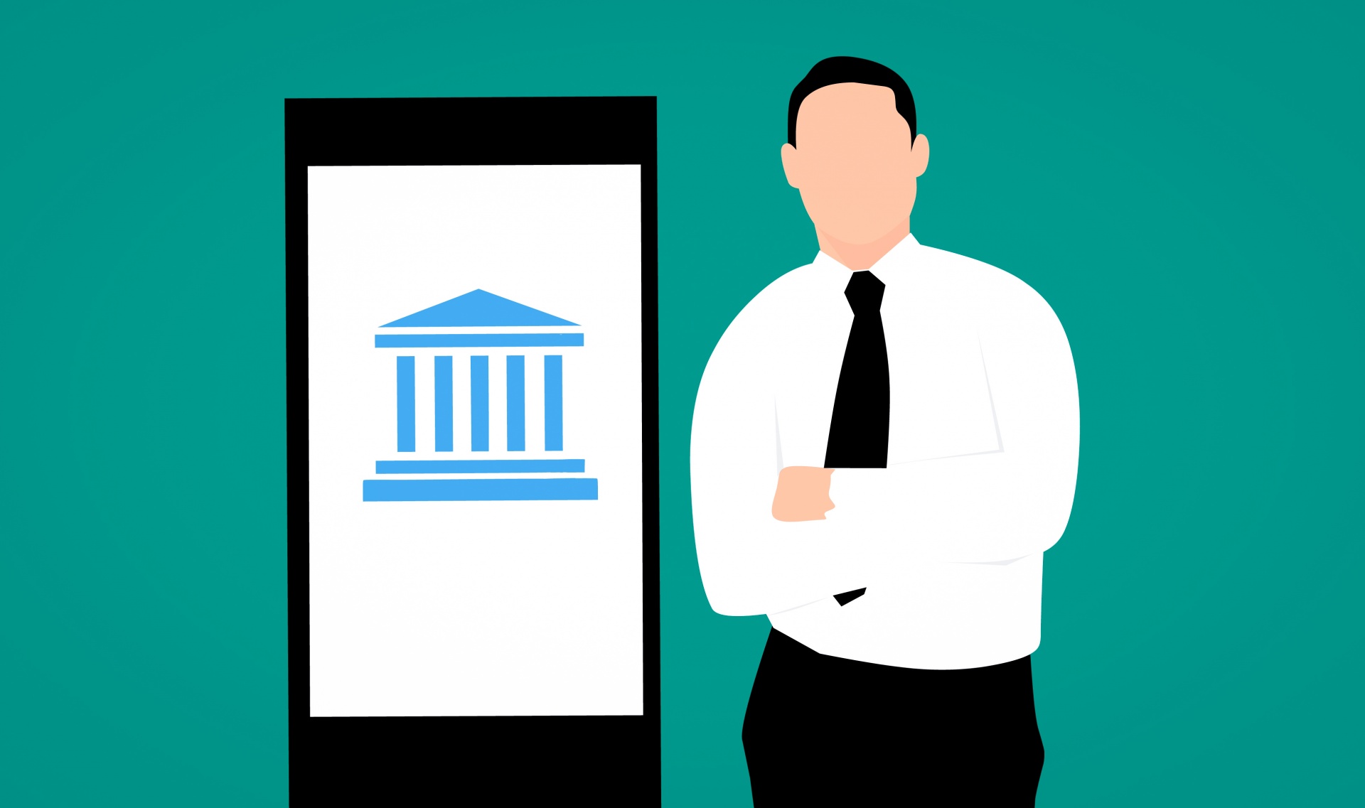 Illustration of a man with his arms crossed standing next to a symbol of a government building