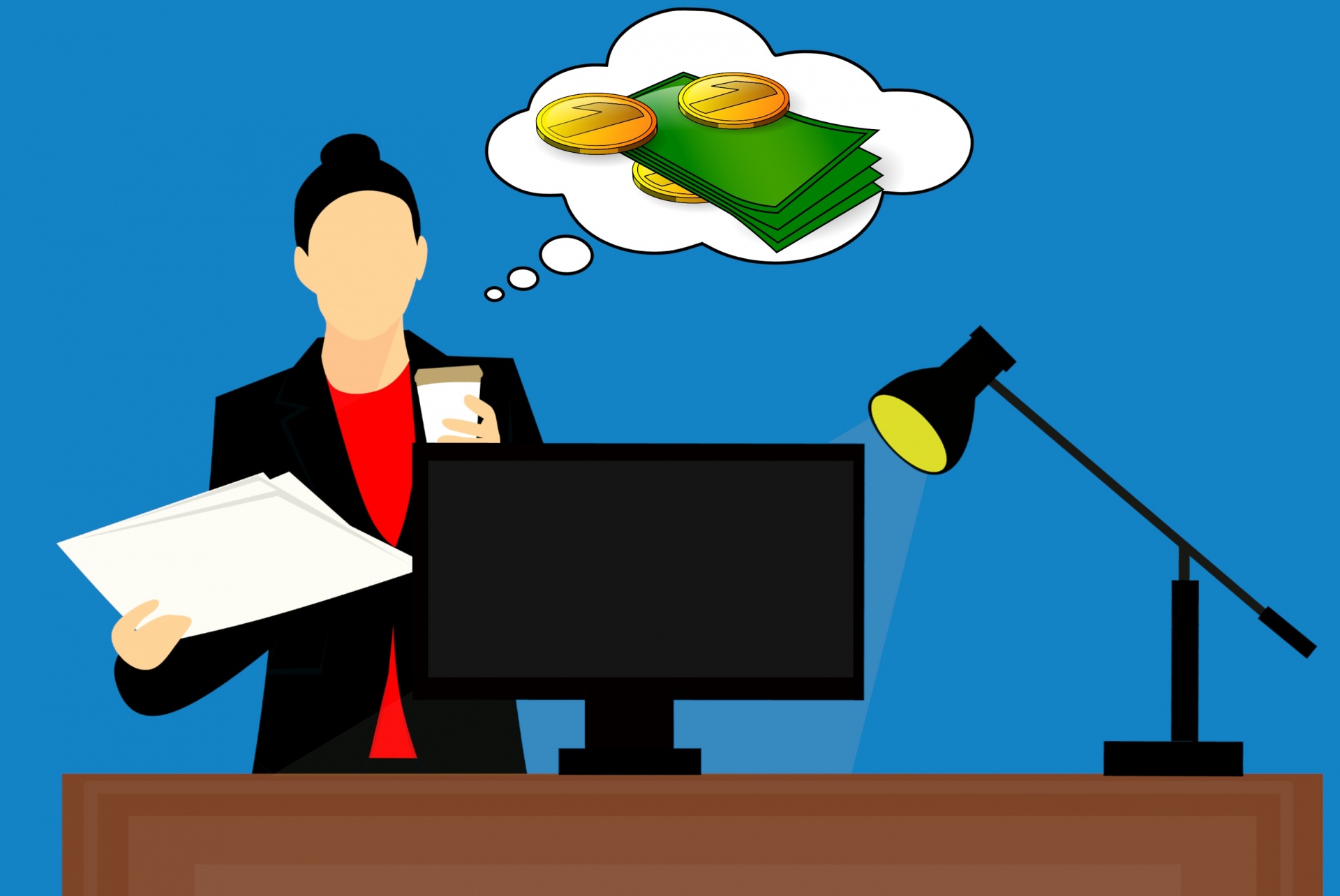 Illustration of a woman standing at an office with a folder in one hand and a cup of coffee in the other, with a thought bubble showing money above her head