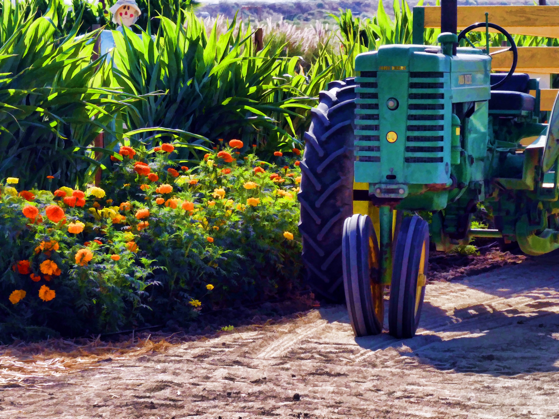 Representación artística de un tractor estacionado por campos de maíz con un scarcrow