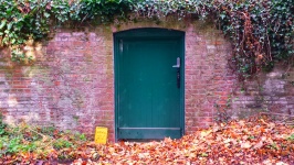 Green door set in a brick wall