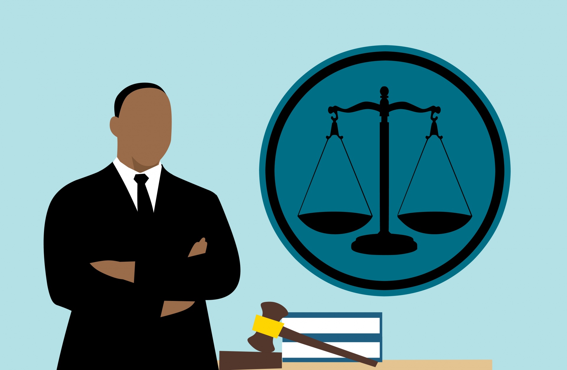 Illustration of a man in a suit with his arms crossed, standing by a desk with a gavel and a stack of books, and a symbol of a scale of justice behind him