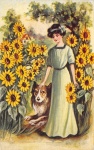 Vintage Slunečnice Dívka se psem