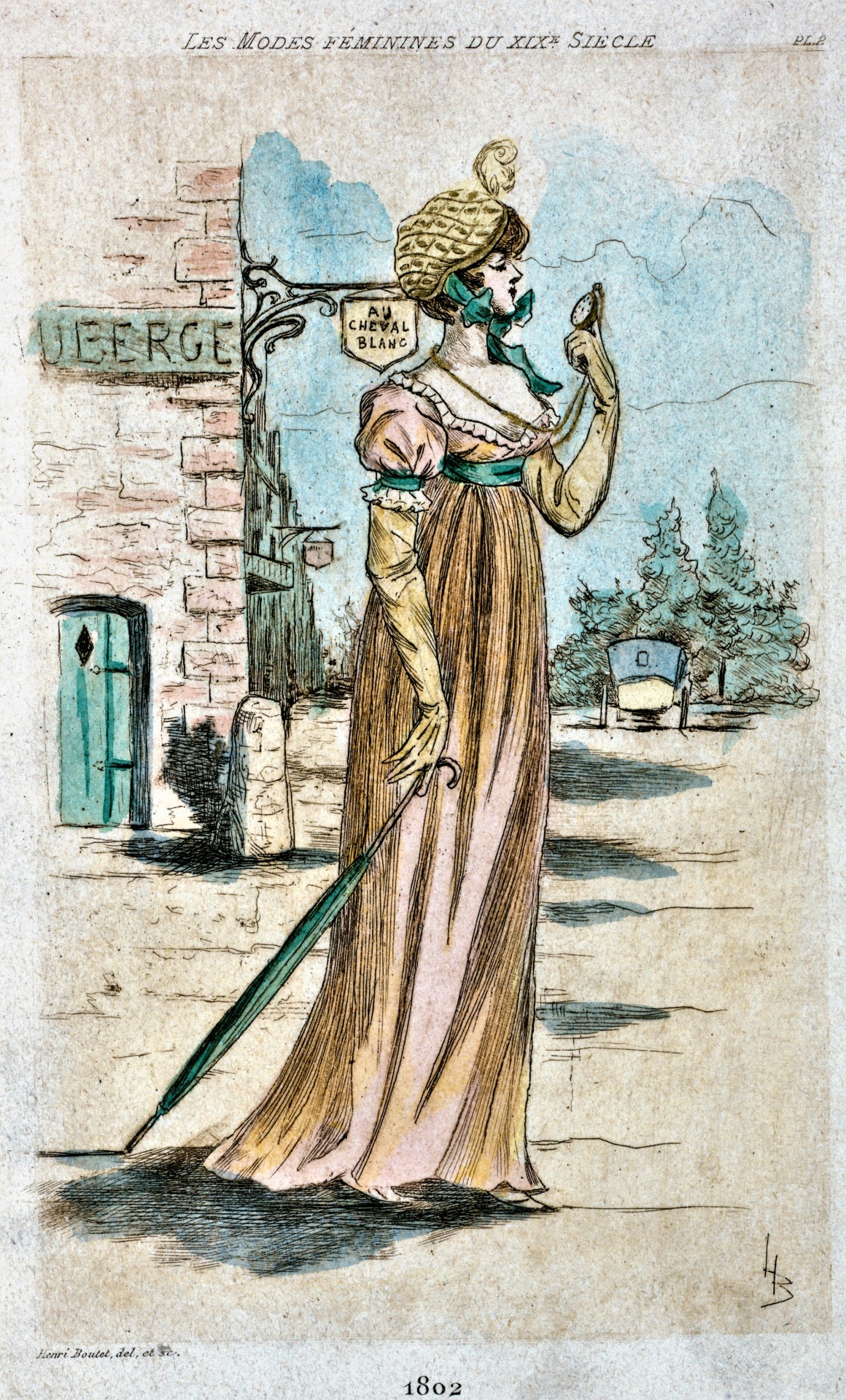 A drawn image of a young women in Georgian-era dress with an umbrella and elbow-length gloves, checking the time on a pocket watch.