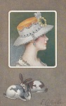Signora donna con cappello con conigli