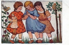Drie meisjes met vogel en pop 1918