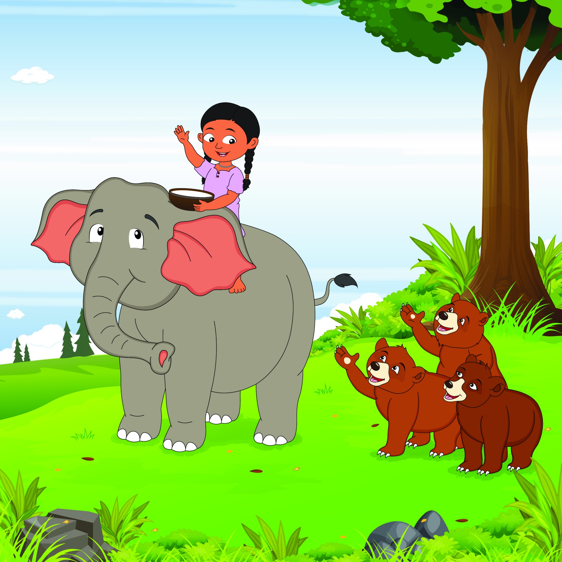 Slon, malá indická dívka, medvěd