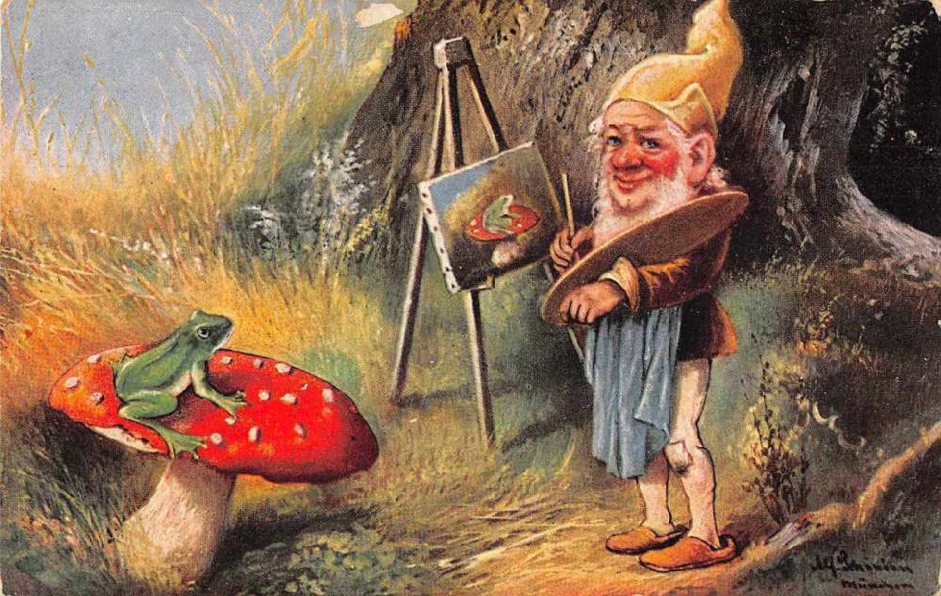 Gnome Elf Painting Frog on Mushroom