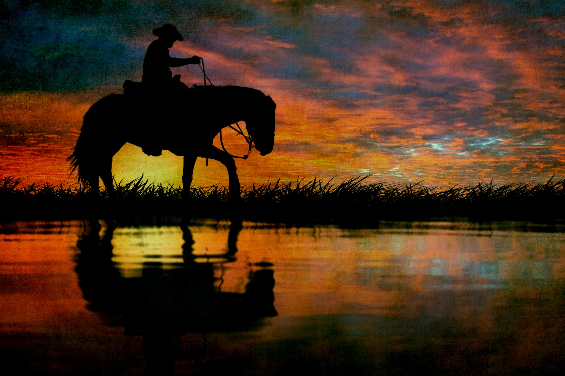 Cavalo Cowboy silhueta pôr do sol