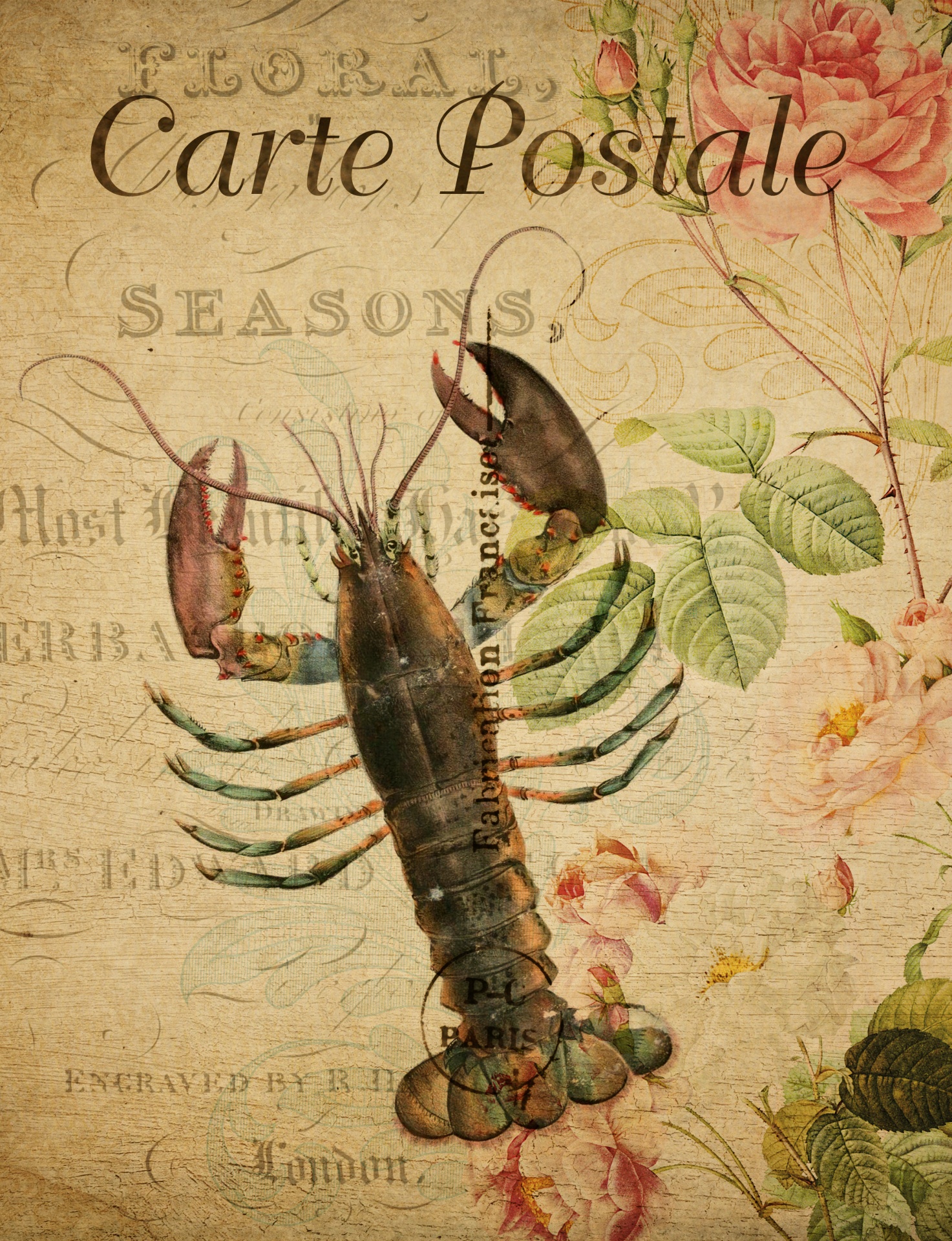 Blommig vykort för hummer Vintage