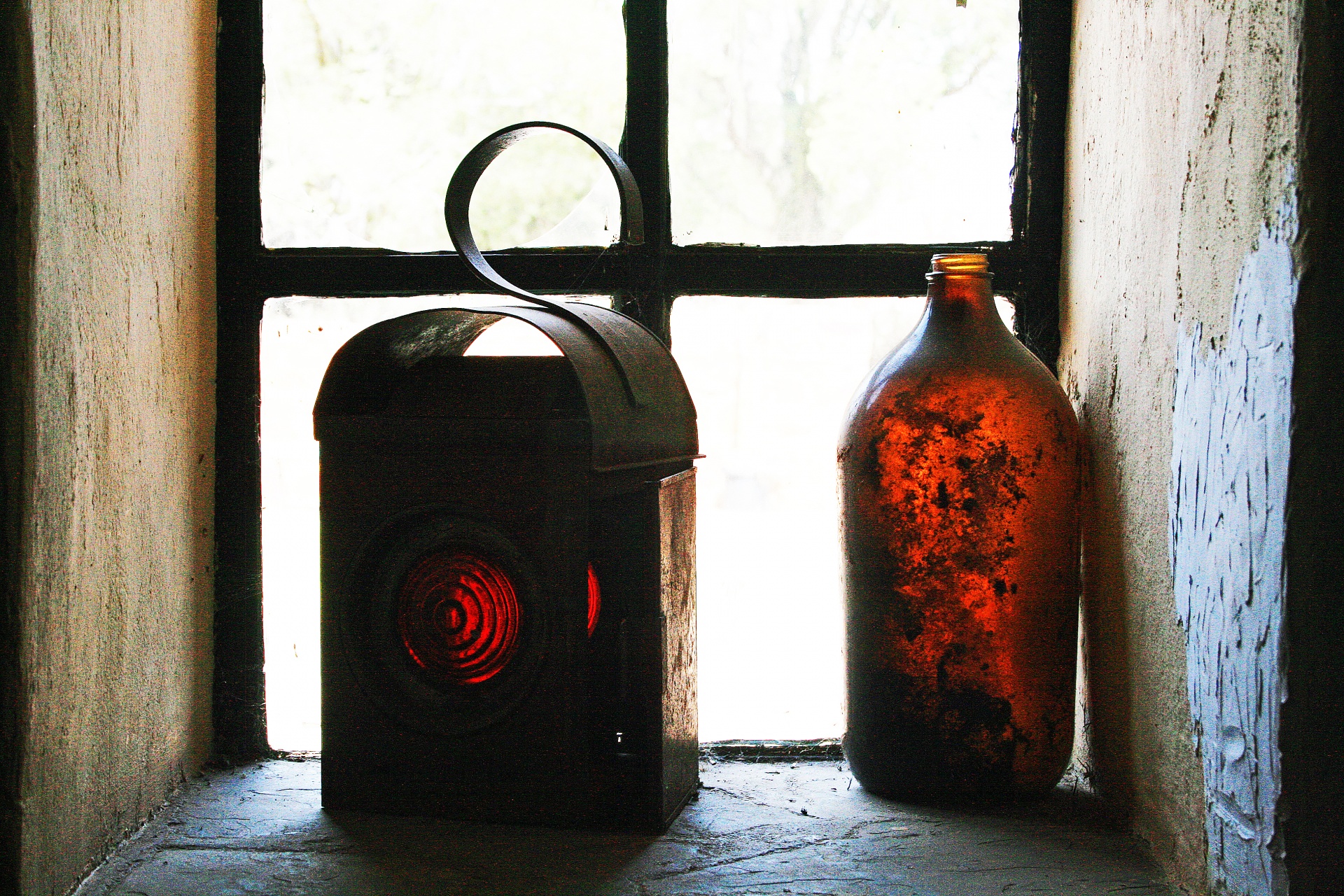Old Lamp And Brown Bottle