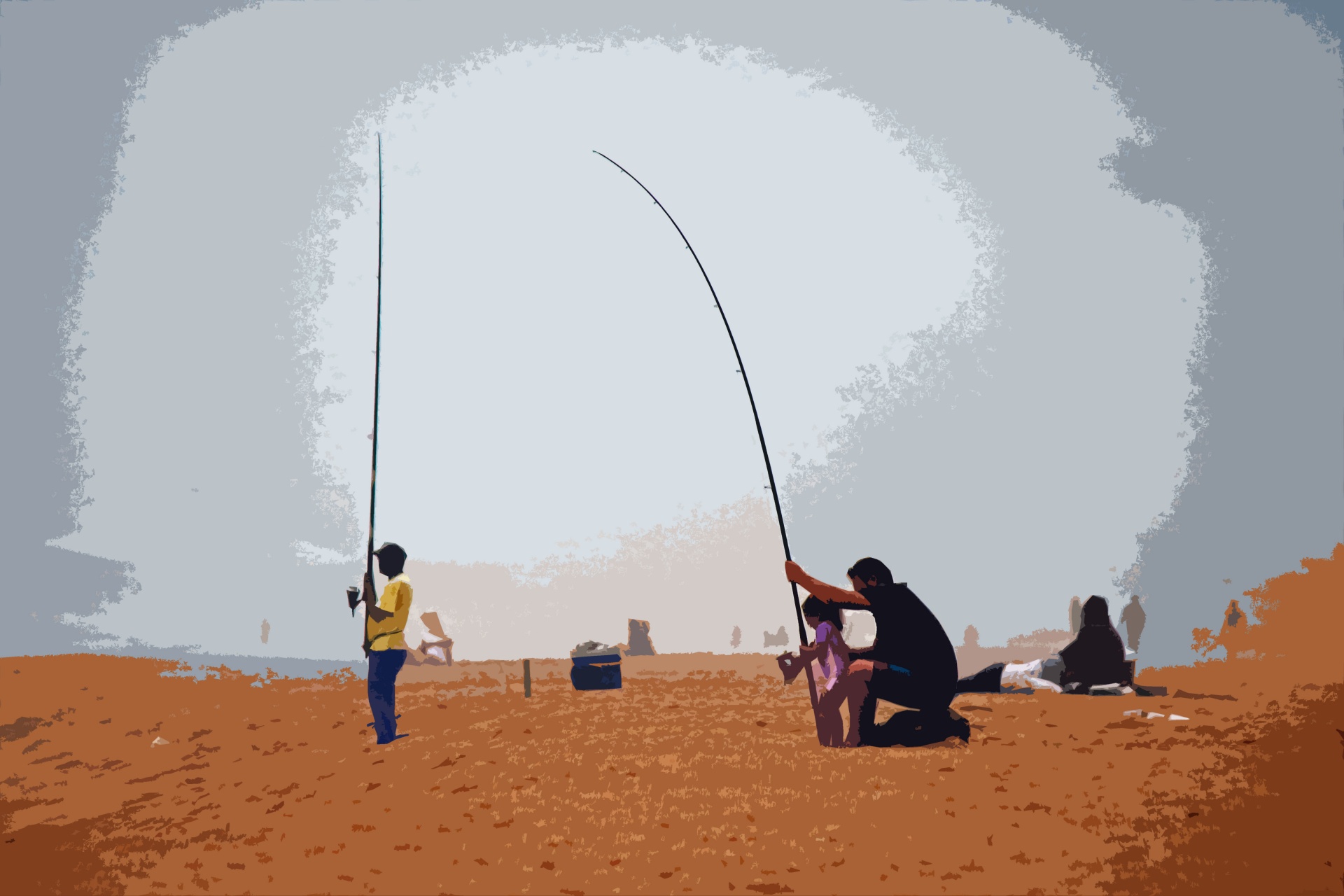 Pessoas relaxando e pescando na praia