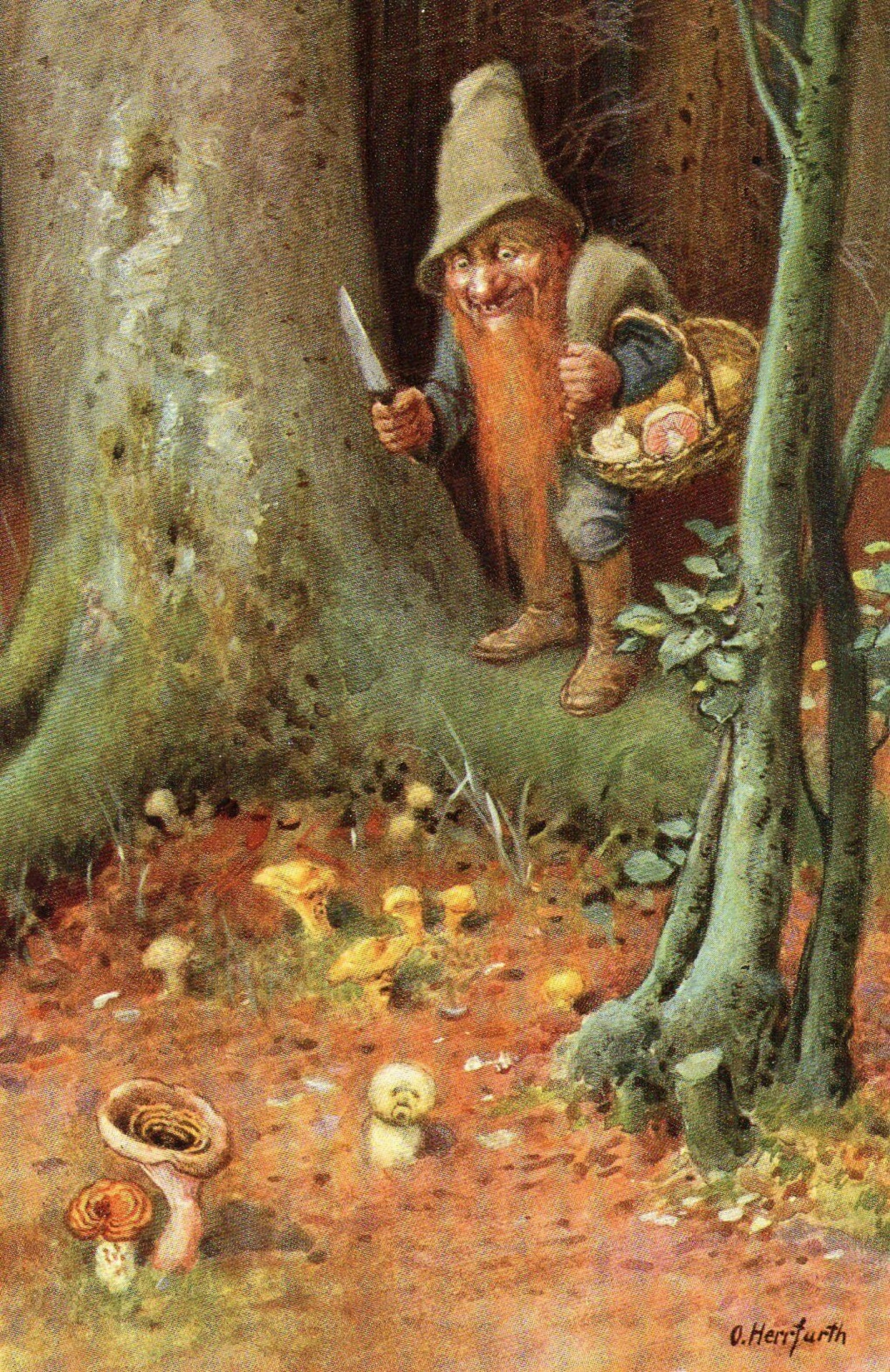 Troll en bosque de setas otoñales