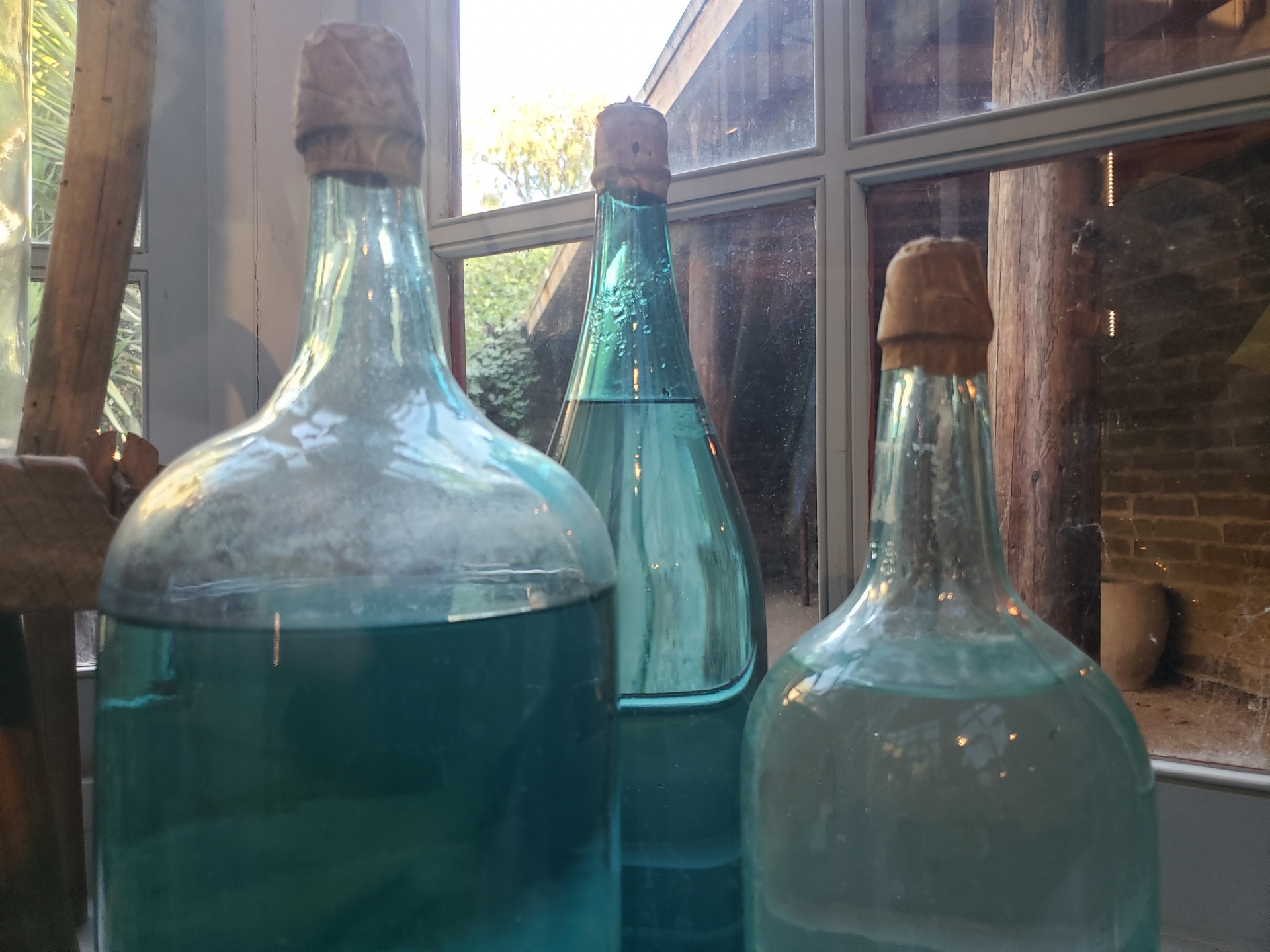 Fluido turquesa en botellas