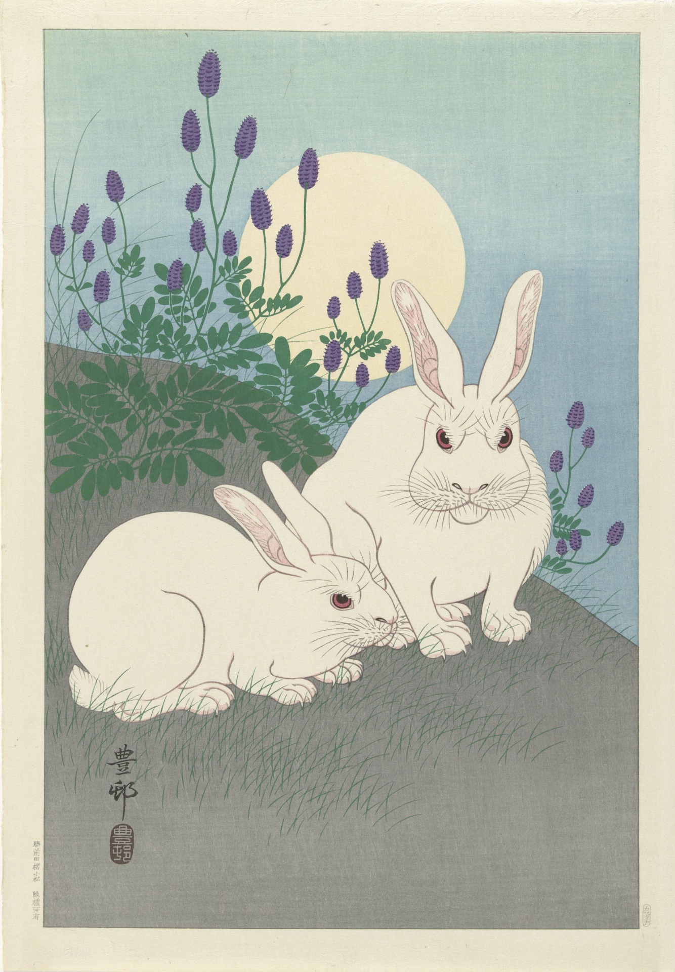 Dos conejos blancos en luna llena