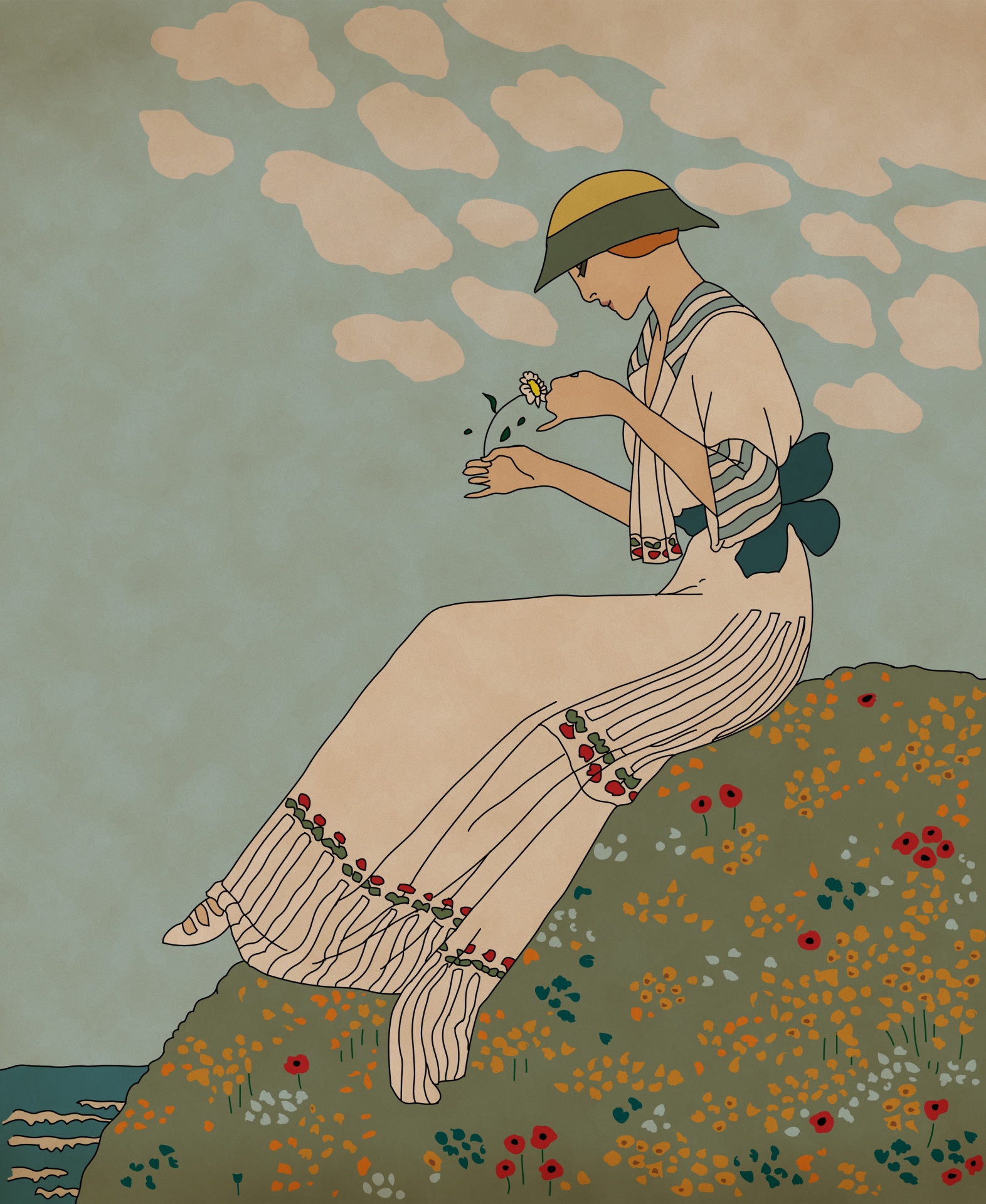 Žena květiny vinobraní kresba