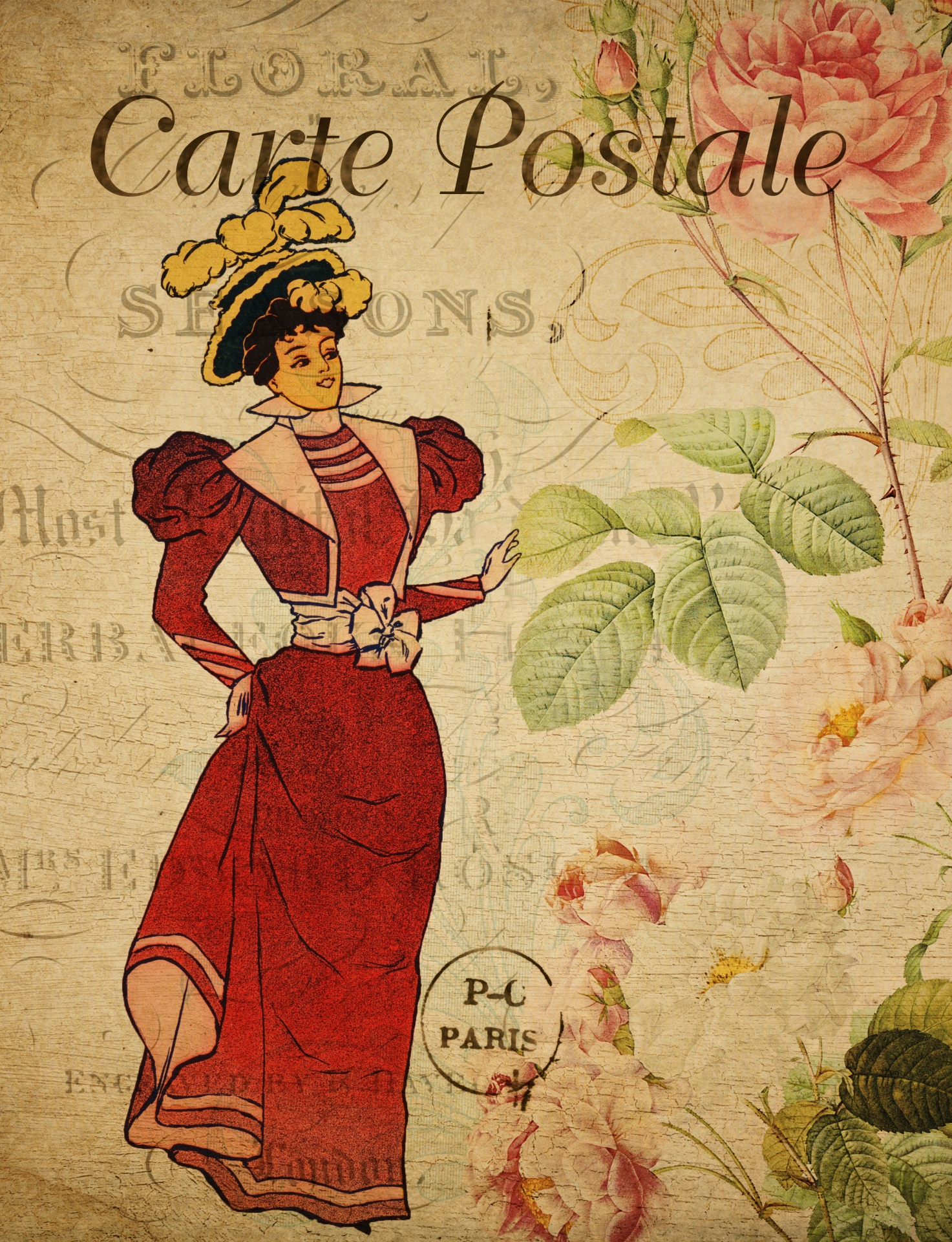 Žena Vintage květinové pohlednice