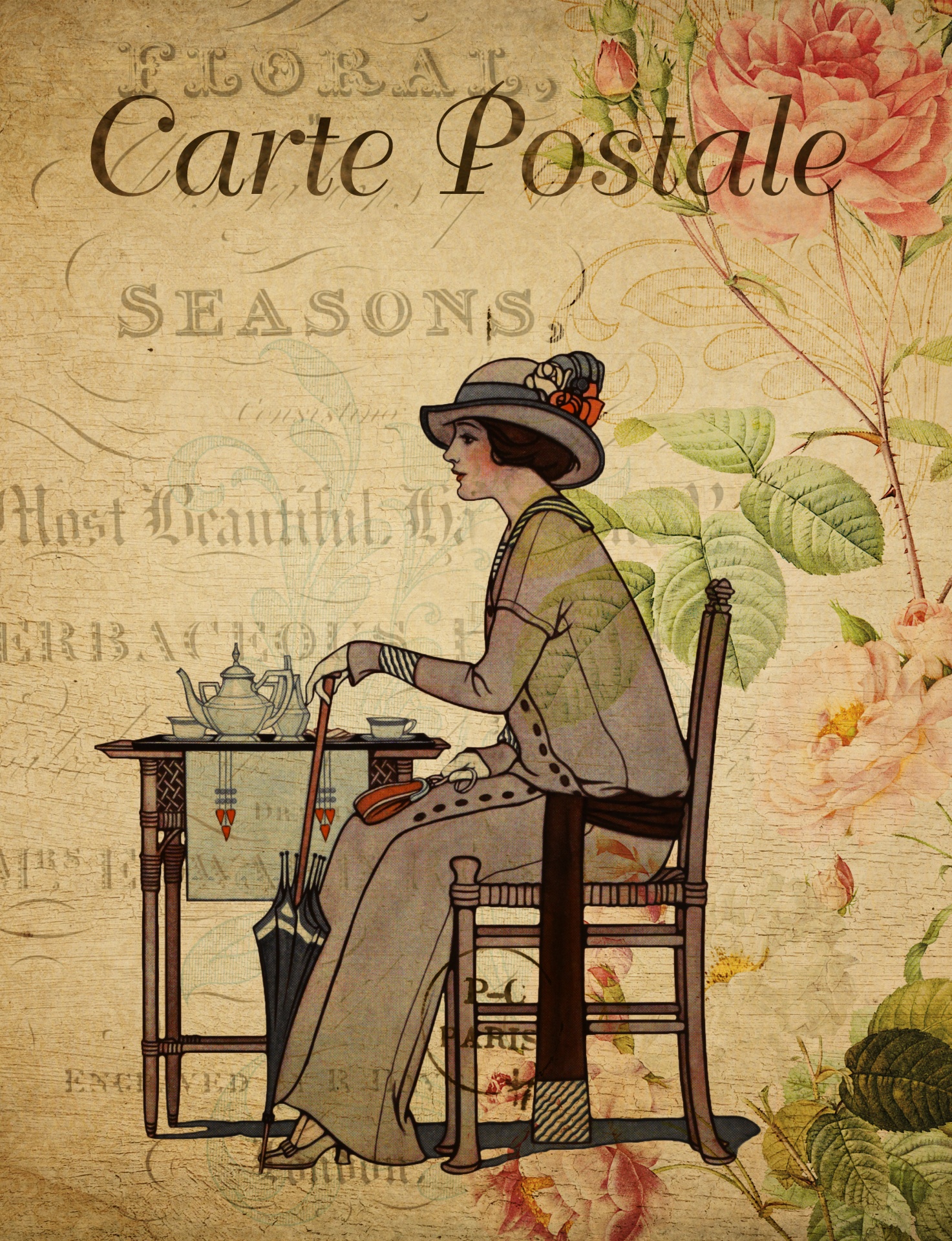Žena Vintage květinové pohlednice