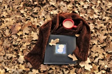Álbum de fotos y taza de café en otoño