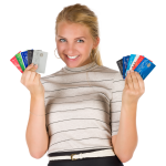 Donna con molte carte di credito