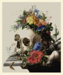 Crânio, flores ainda vida