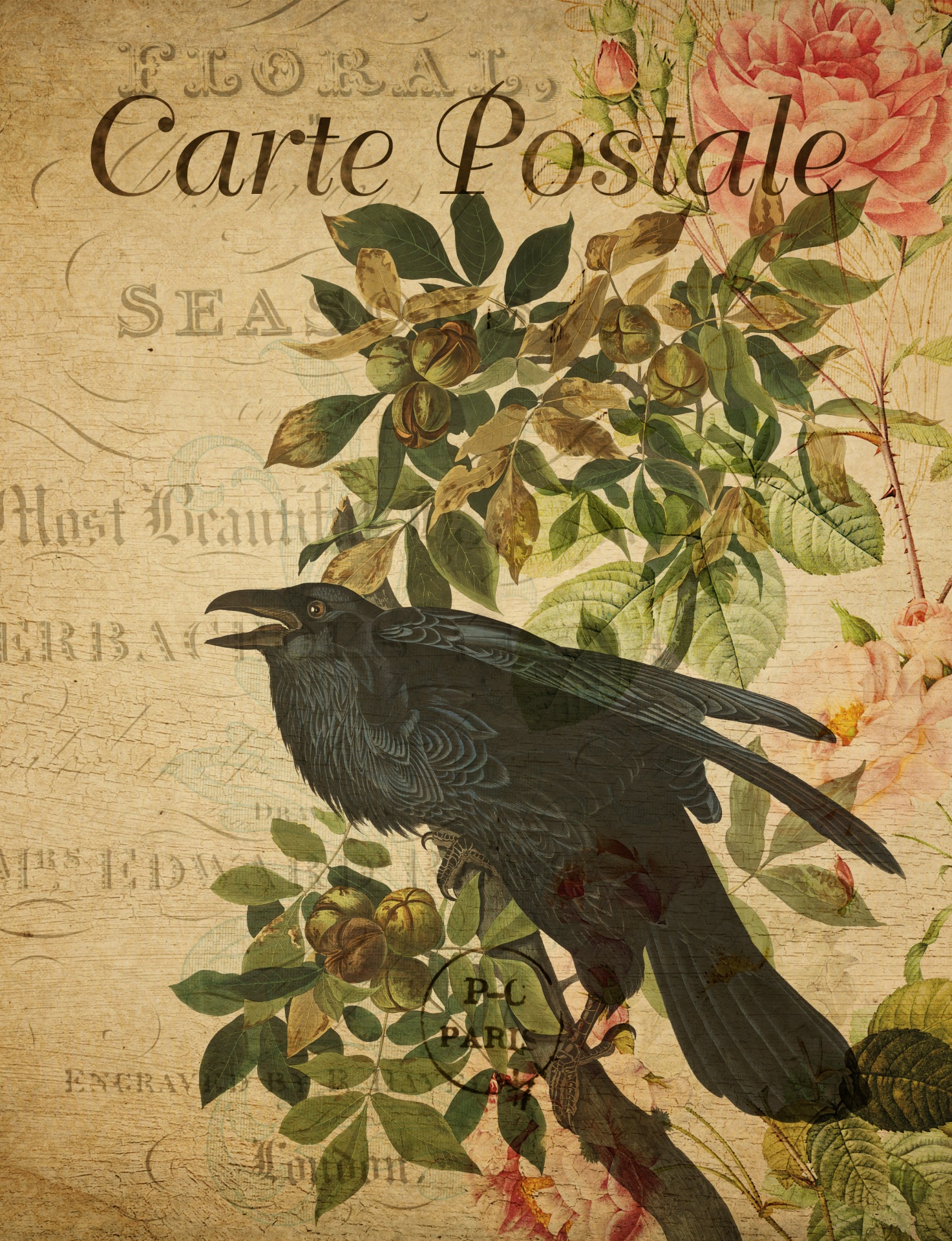 Postal floral francesa del cuervo