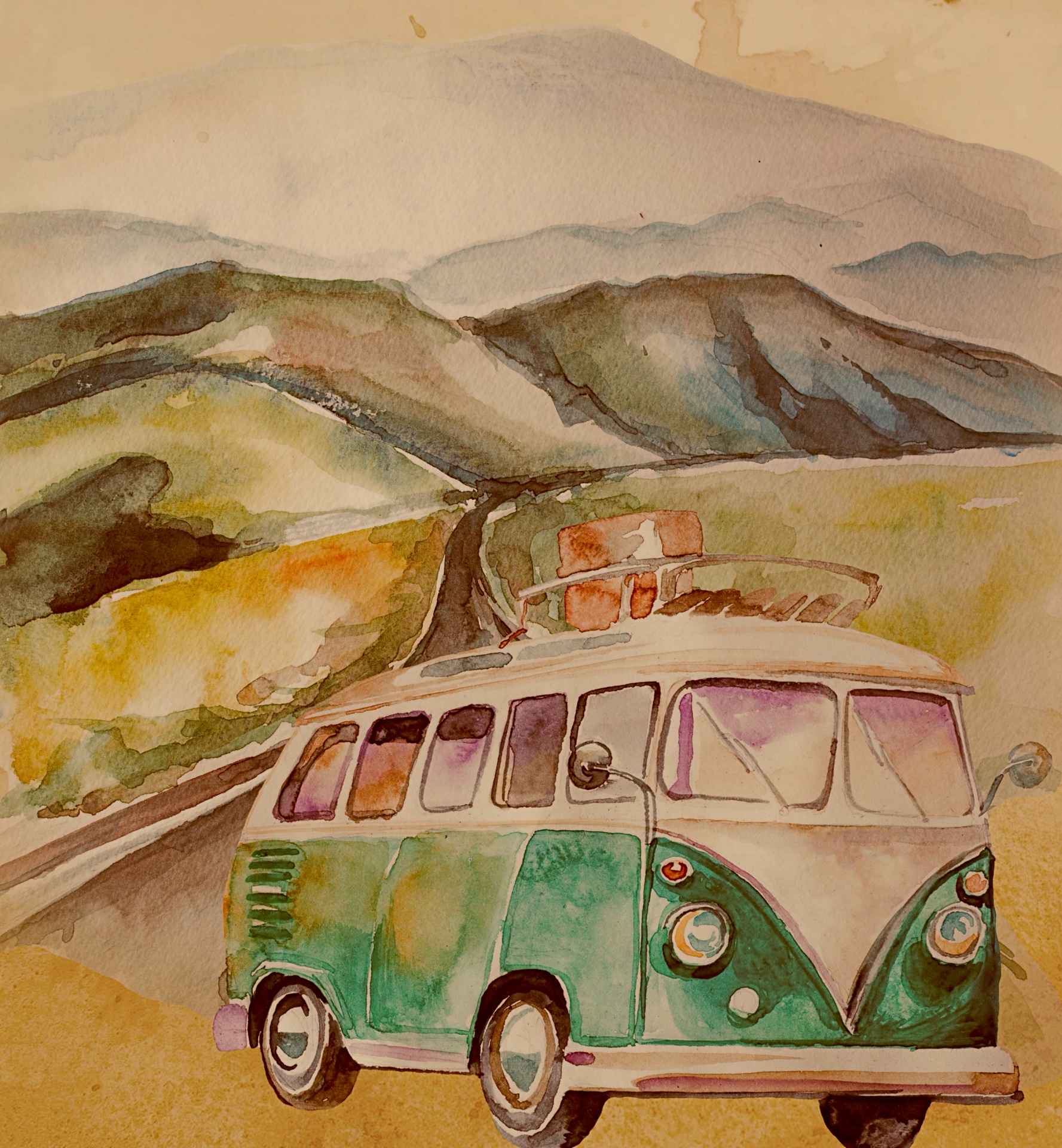 Cartel de viaje de autobús VW vintage
