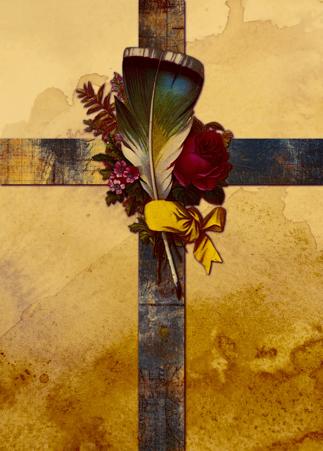 Pluma y flores en una cruz