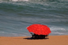 Red umbrella on the beach with sea
