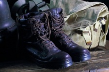 Combat Boots, Canvas Bag & Helmet