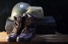 Combat Boots, Helmet & Water Bottle