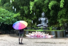 Rainbow uomo che prega al Buddha