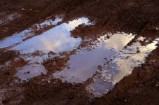 Sky and clouds in mud puddle