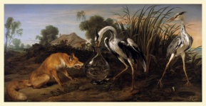 Fox, Heron Vintage Painting