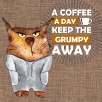Cartaz de gato mal-humorado com café
