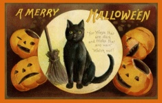 Винтажная открытка с кошкой на Хэллоуин