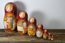 Row of seven matryoshka dolls