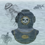 Skelett Steampunk dykare med fisk