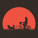 Nő kutya kerékpározás naplemente