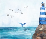 Akvarell világítótorony a tenger mellett