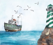 Farol aquarela à beira-mar